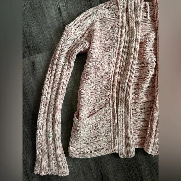 Free People Open Front Knit Cardigan Sweater Size M Pink Cream Boho Casual - Picture 7 of 9